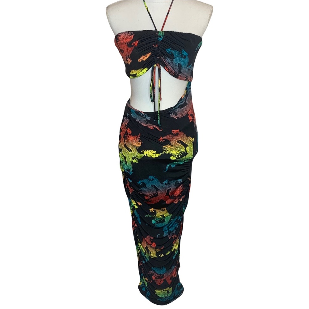 FASHION NOVA Slay the Dragon Ruched Halter Dress Sz L